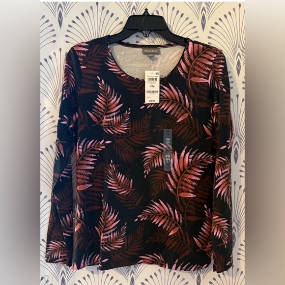 Style & Co. Black and Pink Fern Print Long Sleeve shirt cotton NWT petite medium - Picture 4 of 4